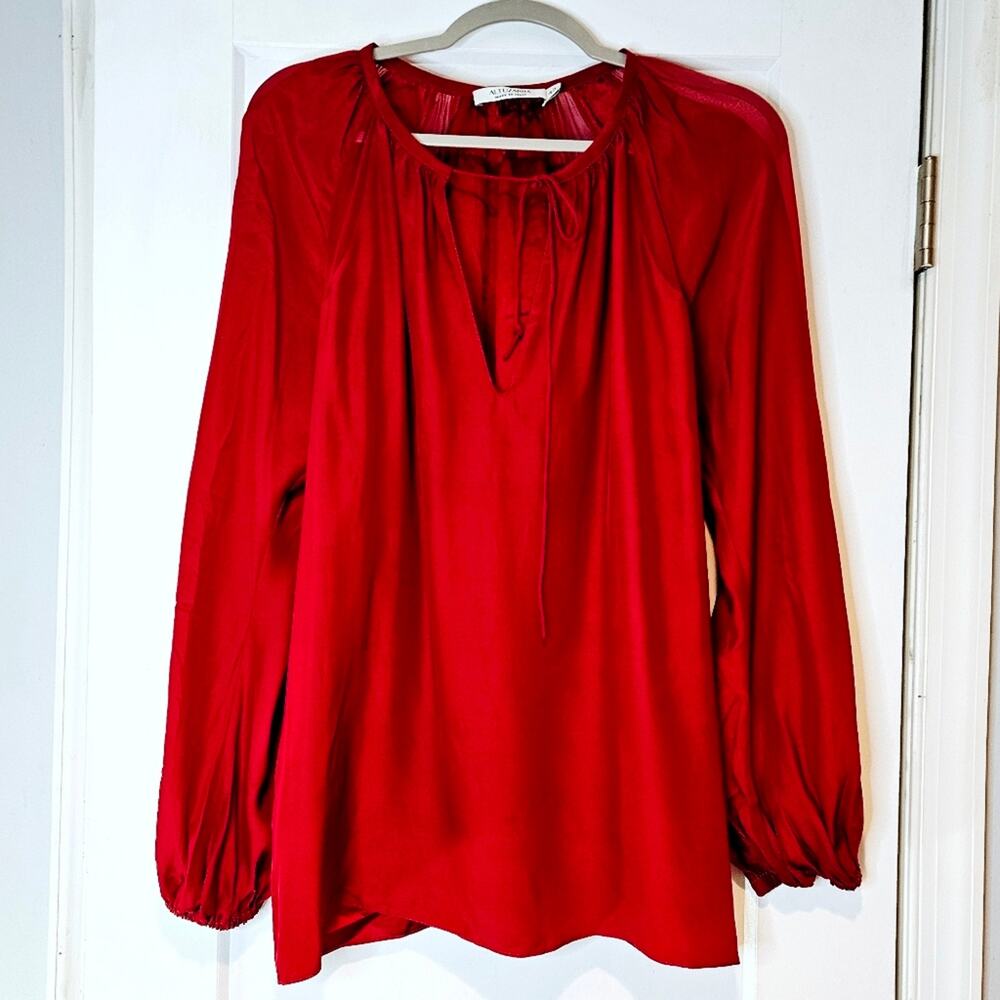 Altuzarra Red Silk Blouse Sheer Panels Tie Neck Balloon Sleeve Italy 42